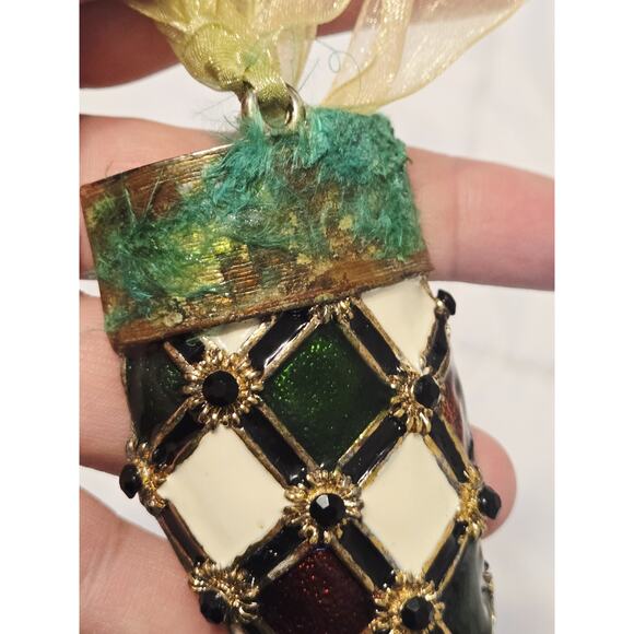 Vtg Brass Christmas Cloissone Enamel Glass Ornament Elf Boot Holiday Decor Gift - Picture 4 of 5